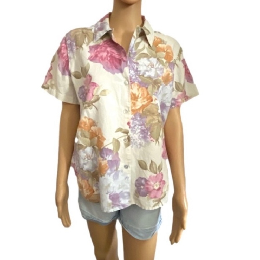 Lemon Grass Vintage Floral Linen Short Sleeve Blouse Shirt Small